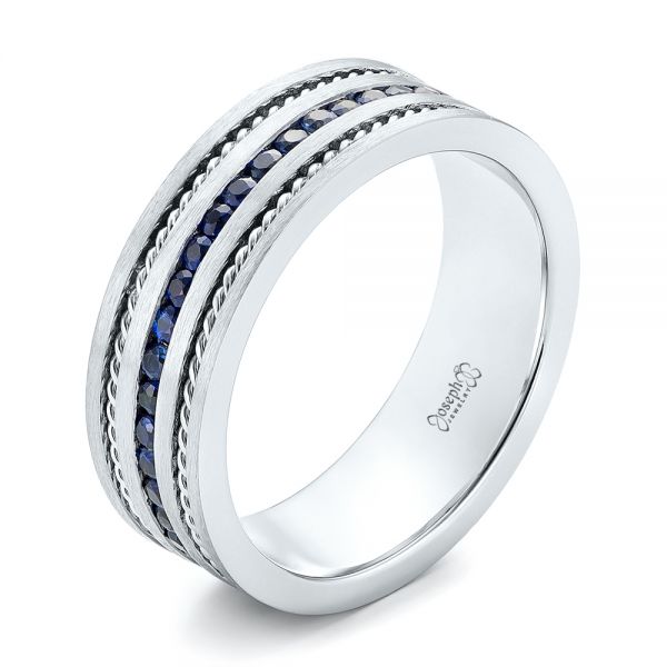 18k White Gold 18k White Gold Custom Blue Sapphire Men's Band - Three-Quarter View -  102750