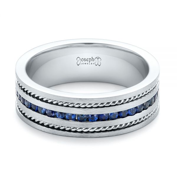 18k White Gold 18k White Gold Custom Blue Sapphire Men's Band - Flat View -  102750