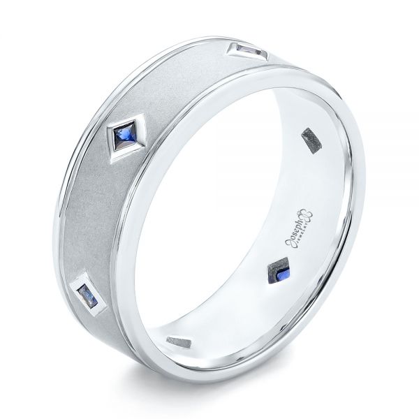 18k White Gold 18k White Gold Custom Blue Sapphire Men's Wedding Band - Three-Quarter View -  103143