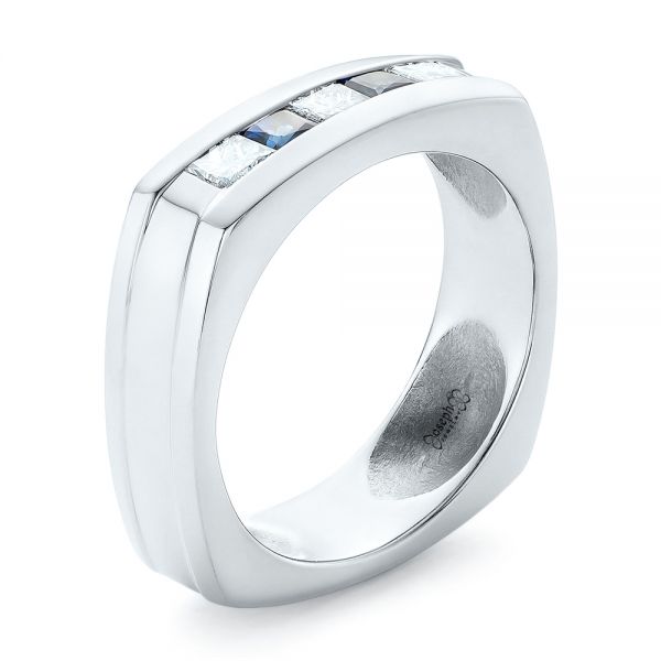 18k White Gold 18k White Gold Custom Blue Sapphire And Diamond Men's Band - Three-Quarter View -  102911