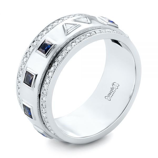 18k White Gold 18k White Gold Custom Blue Sapphire And Diamond Men's Band - Three-Quarter View -  103352