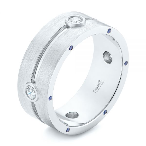  Platinum Platinum Custom Blue Sapphire And Diamond Men's Band - Three-Quarter View -  104257