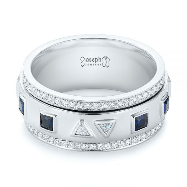 18k White Gold 18k White Gold Custom Blue Sapphire And Diamond Men's Band - Flat View -  103352