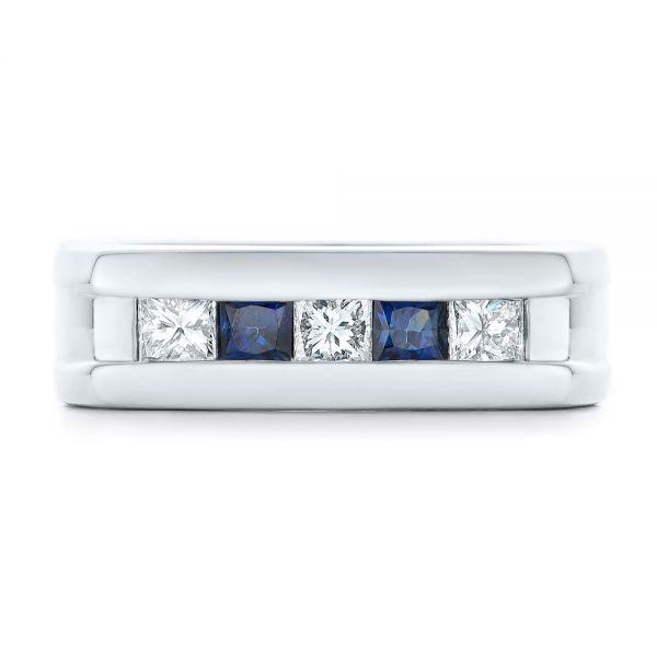14k White Gold Custom Blue Sapphire And Diamond Men's Band - Top View -  102911