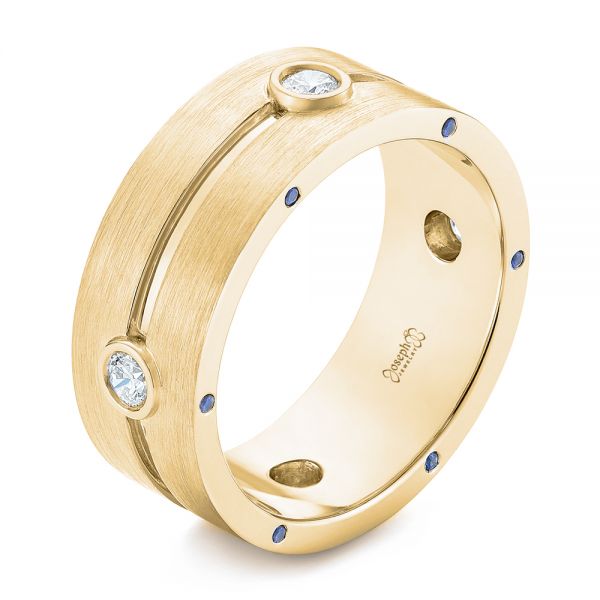 14k Yellow Gold 14k Yellow Gold Custom Blue Sapphire And Diamond Men's Band - Three-Quarter View -  104257