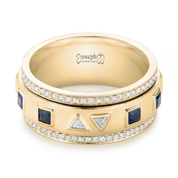 14k Yellow Gold 14k Yellow Gold Custom Blue Sapphire And Diamond Men's Band - Flat View -  103352