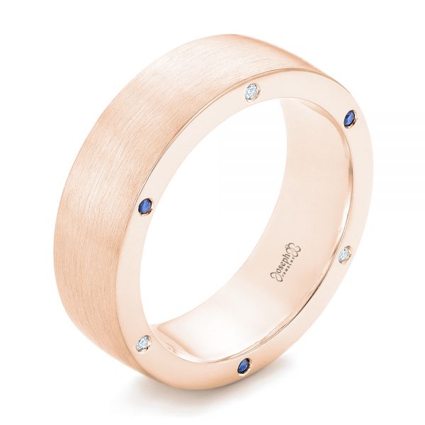 14k Rose Gold 14k Rose Gold Custom Blue Sapphire And Diamond Men's Wedding Band - Three-Quarter View -  102779