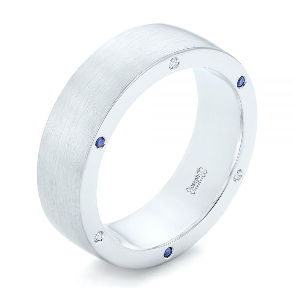 14k White Gold 14k White Gold Custom Blue Sapphire And Diamond Men's Wedding Band - Three-Quarter View -  102779