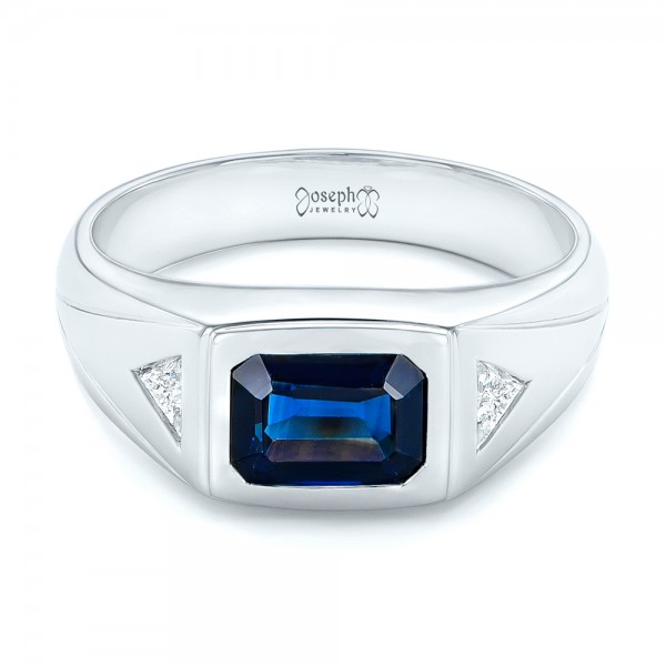 Custom Blue Sapphire And Diamond Men's Wedding Band - Flat View -  102861