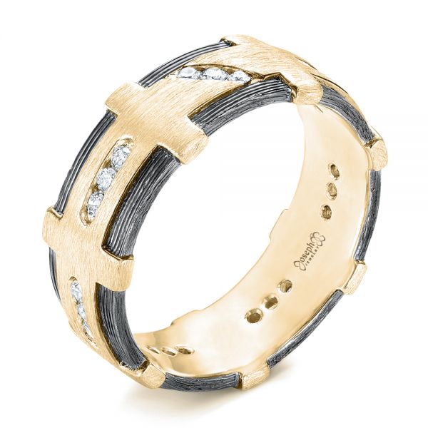 14k Yellow Gold 14k Yellow Gold Custom Brushed Diamond Men's Band - Three-Quarter View -  102988