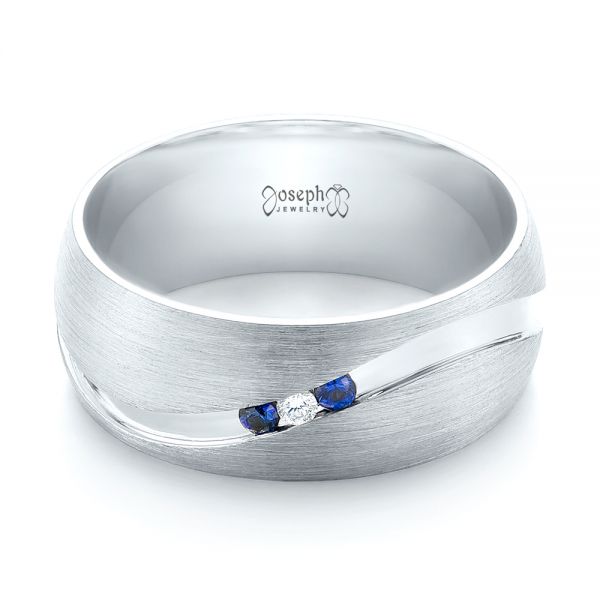  Platinum Platinum Custom Brushed Finish Blue Sapphire And Diamond Men's Band - Flat View -  103653