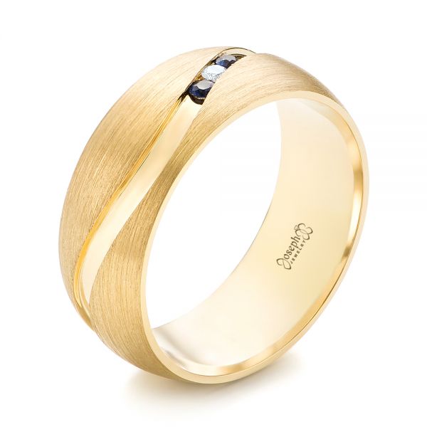 14k Yellow Gold 14k Yellow Gold Custom Brushed Finish Blue Sapphire And Diamond Men's Band - Three-Quarter View -  103653