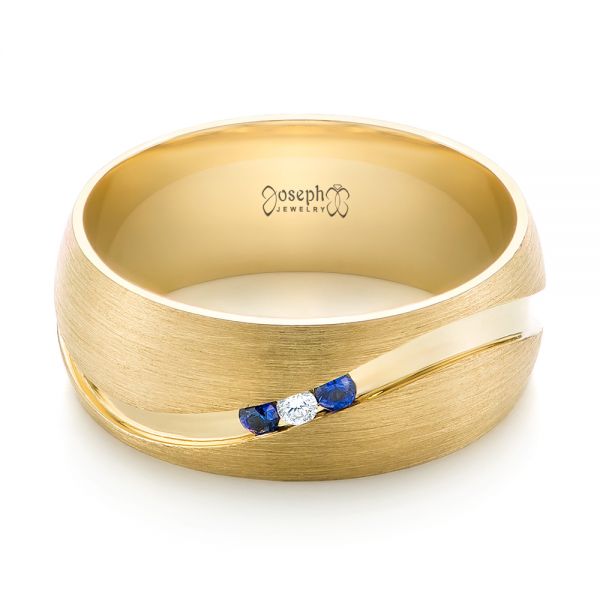 14k Yellow Gold 14k Yellow Gold Custom Brushed Finish Blue Sapphire And Diamond Men's Band - Flat View -  103653