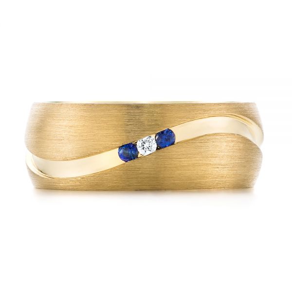 18k Yellow Gold Custom Brushed Finish Blue Sapphire And Diamond Men's Band - Top View -  103653