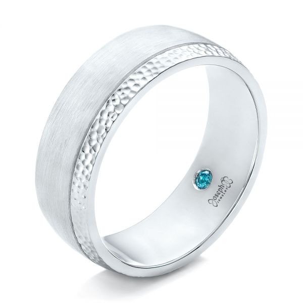 18k White Gold 18k White Gold Custom Brushed And Hammered Men's Wedding Band - Three-Quarter View -  101983