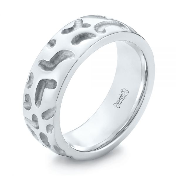 14k White Gold 14k White Gold Custom Carved Men's Wedding Band - Three-Quarter View -  103445