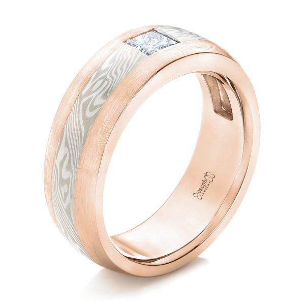 14k Rose Gold And 14K Gold 14k Rose Gold And 14K Gold Custom Diamond Mokume Wedding Band - Three-Quarter View -  102201