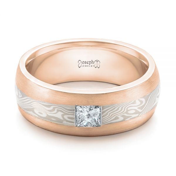 18k Rose Gold And Platinum 18k Rose Gold And Platinum Custom Diamond Mokume Wedding Band - Flat View -  102201