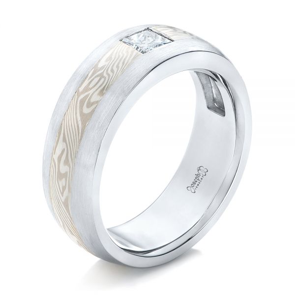 18k White Gold And 18K Gold 18k White Gold And 18K Gold Custom Diamond Mokume Wedding Band - Three-Quarter View -  102201