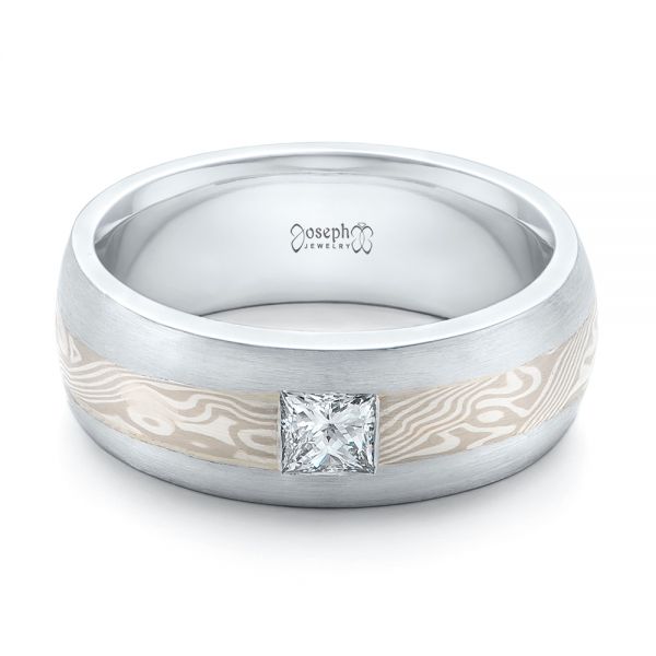 14k White Gold And Platinum 14k White Gold And Platinum Custom Diamond Mokume Wedding Band - Flat View -  102201