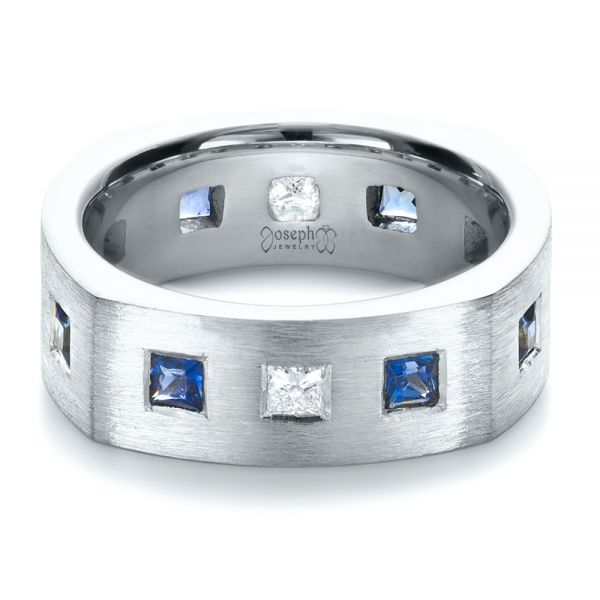 18k White Gold 18k White Gold Custom Diamond And Blue Sapphire Men's Band - Flat View - 1200