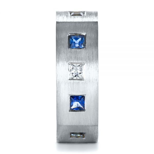 18k White Gold 18k White Gold Custom Diamond And Blue Sapphire Men's Band - Side View - 1200