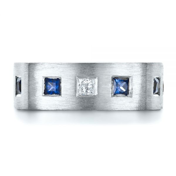 18k White Gold 18k White Gold Custom Diamond And Blue Sapphire Men's Band - Top View - 1200