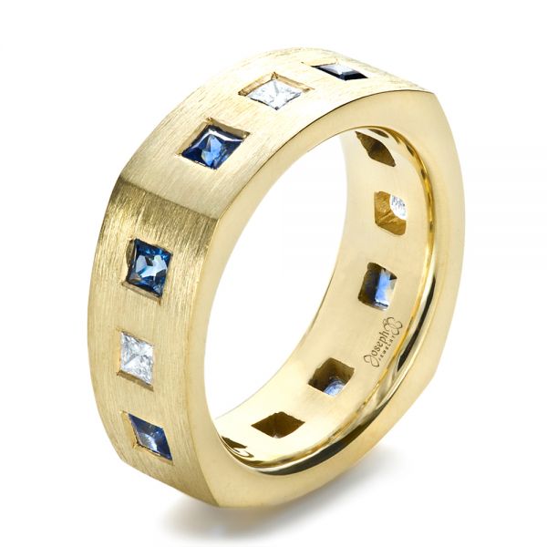 18k Yellow Gold Custom Diamond And Blue Sapphire Men's Band - Three-Quarter View -  1200