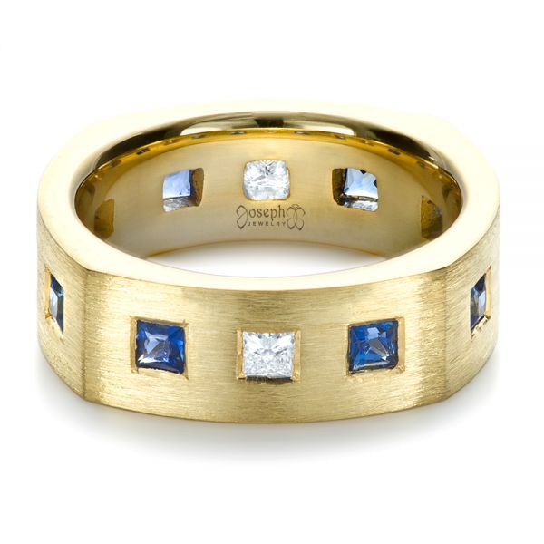 18k Yellow Gold Custom Diamond And Blue Sapphire Men's Band - Flat View -  1200