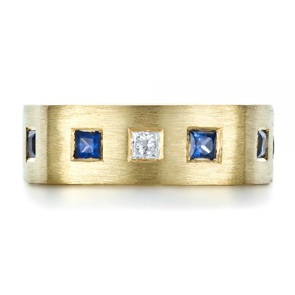 18k Yellow Gold Custom Diamond And Blue Sapphire Men's Band - Top View -  1200