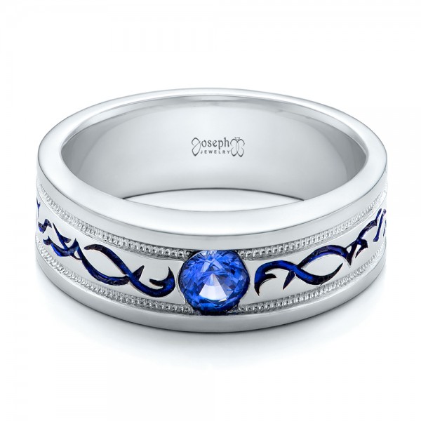 Custom Engraved Blue Sapphire Men S Wedding Band Flat 102213 