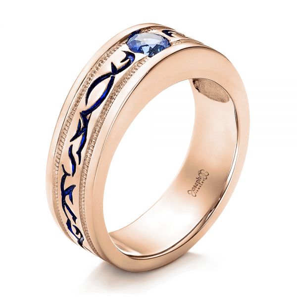 14k Rose Gold 14k Rose Gold Custom Engraved Blue Sapphire Men's Wedding Band - Three-Quarter View -  102213