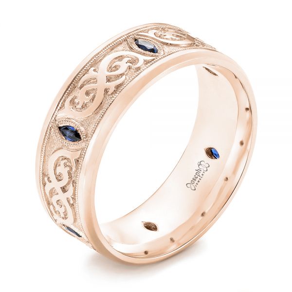 18k Rose Gold 18k Rose Gold Custom Engraved Blue Sapphire Men's Wedding Band - Three-Quarter View -  103237