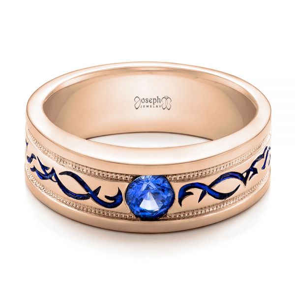 14k Rose Gold 14k Rose Gold Custom Engraved Blue Sapphire Men's Wedding Band - Flat View -  102213