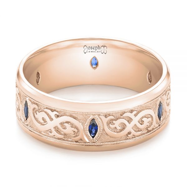 18k Rose Gold 18k Rose Gold Custom Engraved Blue Sapphire Men's Wedding Band - Flat View -  103237