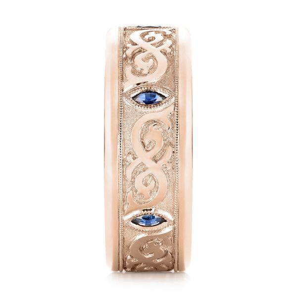 14k Rose Gold 14k Rose Gold Custom Engraved Blue Sapphire Men's Wedding Band - Side View -  103237