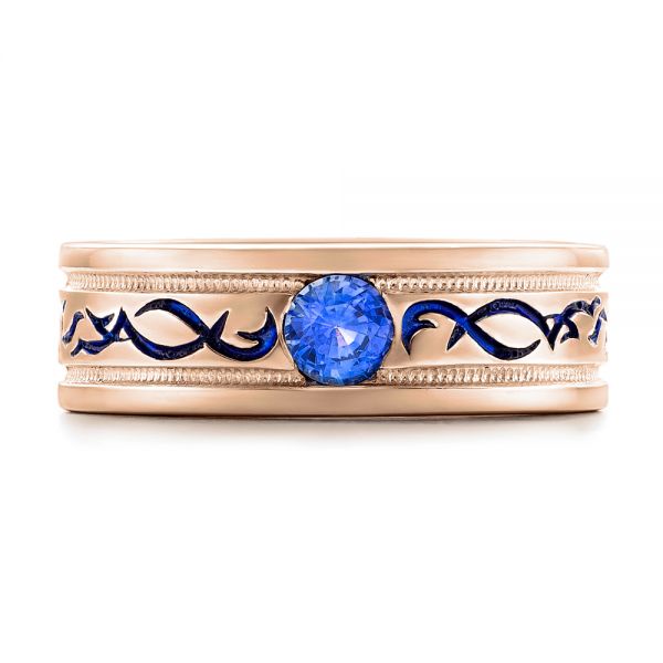 18k Rose Gold 18k Rose Gold Custom Engraved Blue Sapphire Men's Wedding Band - Top View -  102213