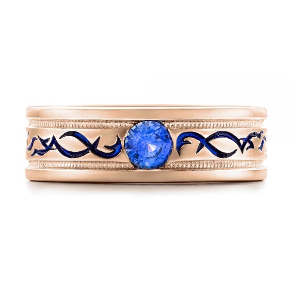 14k Rose Gold 14k Rose Gold Custom Engraved Blue Sapphire Men's Wedding Band - Top View - 102213