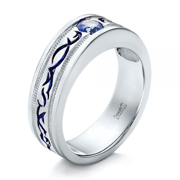  Platinum Platinum Custom Engraved Blue Sapphire Men's Wedding Band - Three-Quarter View -  102213