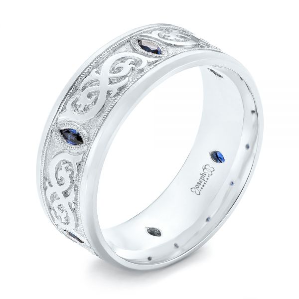 14k White Gold 14k White Gold Custom Engraved Blue Sapphire Men's Wedding Band - Three-Quarter View -  103237