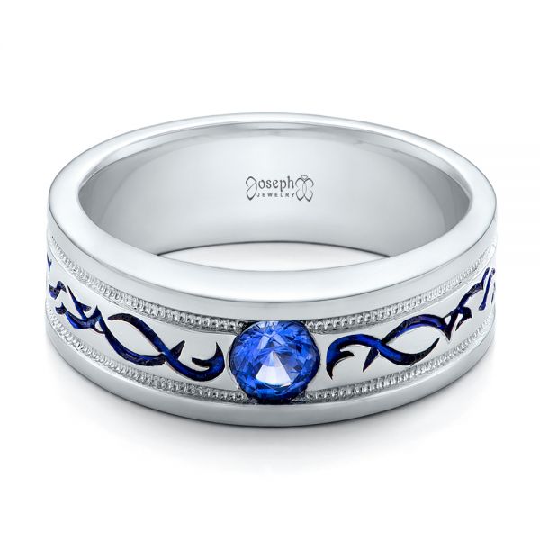 14k White Gold Custom Engraved Blue Sapphire Men's Wedding Band - Flat View -  102213