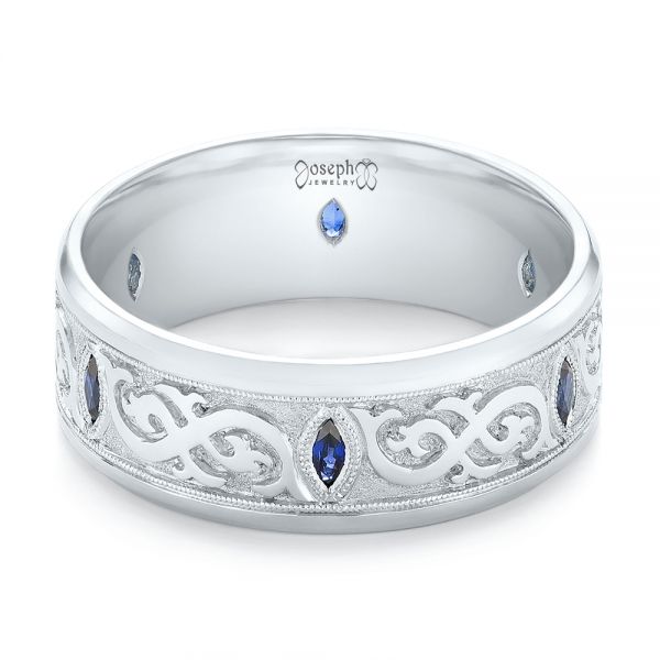  Platinum Custom Engraved Blue Sapphire Men's Wedding Band - Flat View -  103237