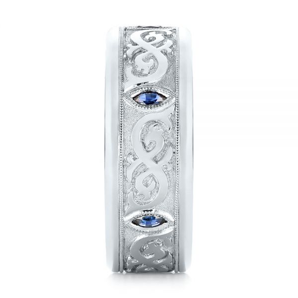  Platinum Custom Engraved Blue Sapphire Men's Wedding Band - Side View -  103237