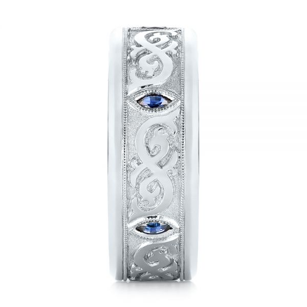 Platinum Custom Engraved Blue Sapphire Men's Wedding Band - Side View - 103237