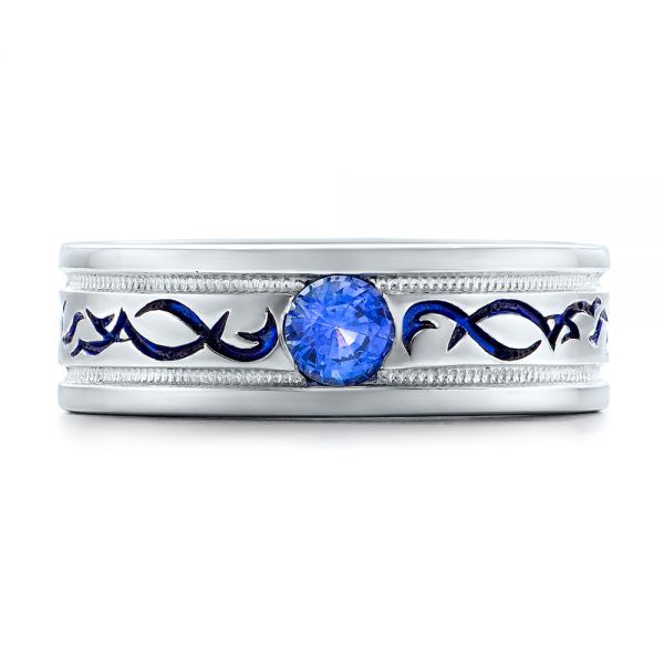 18k White Gold 18k White Gold Custom Engraved Blue Sapphire Men's Wedding Band - Top View -  102213