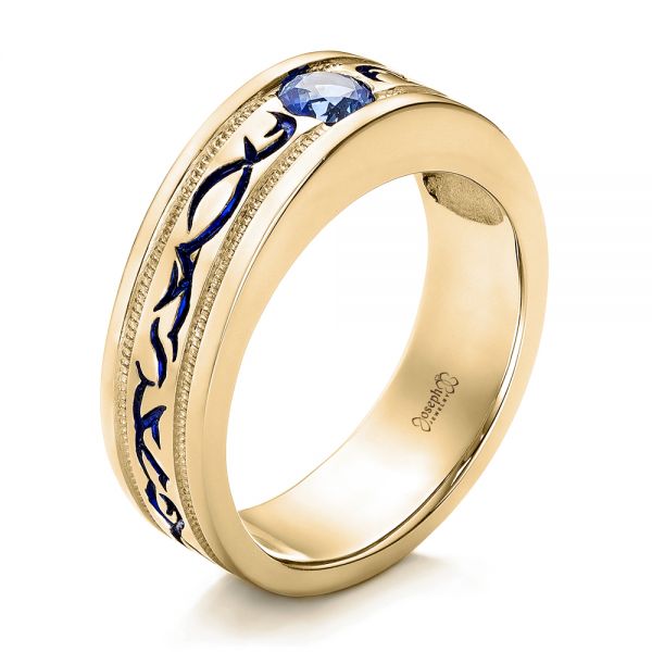 18k Yellow Gold 18k Yellow Gold Custom Engraved Blue Sapphire Men's Wedding Band - Three-Quarter View -  102213