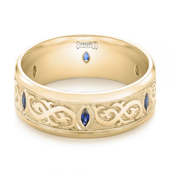 18k Yellow Gold 18k Yellow Gold Custom Engraved Blue Sapphire Men's Wedding Band - Flat View - 103237