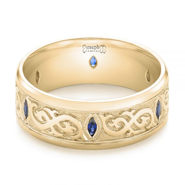 18k Yellow Gold 18k Yellow Gold Custom Engraved Blue Sapphire Men's Wedding Band - Flat View -  103237