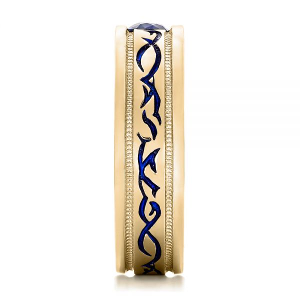 14k Yellow Gold 14k Yellow Gold Custom Engraved Blue Sapphire Men's Wedding Band - Side View - 102213