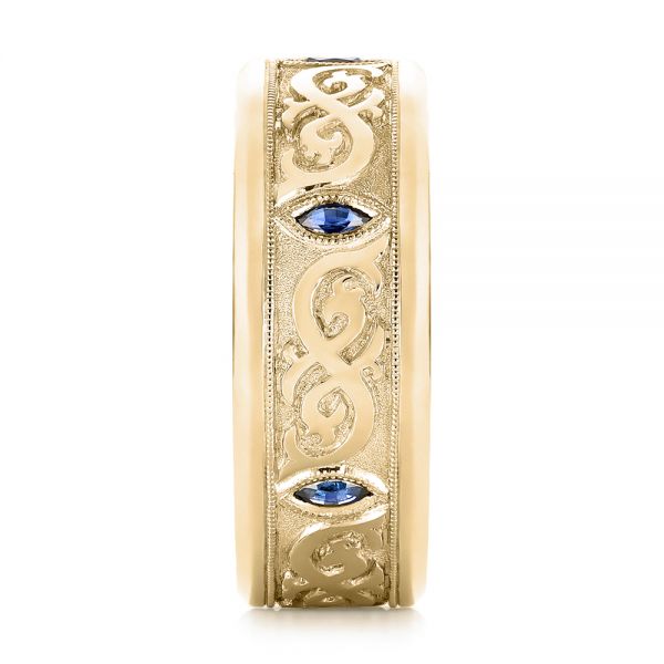 18k Yellow Gold 18k Yellow Gold Custom Engraved Blue Sapphire Men's Wedding Band - Side View - 103237